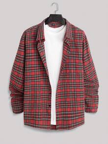 EGENSIO Red Plaid Print Button Front Casual Long Sleeve Shirt Plaid Button Up Men - Red - View 1