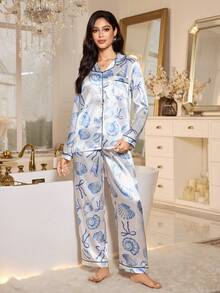 LuxeNights 贝壳印花仿丝翻领开衫和裤子睡衣套装 - 彩色 - 查看 5