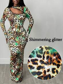 SHEIN BamGlam Vestido largo y sexy de mujer con efecto tie-dye, estampado de leopardo y lentejuelas, con diseño calado - Multicolor - Ver 3