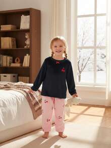 Girls' Minimalist Cherry Pattern Long Sleeve Pajama Set, Comfortable & Warm Fleece - Multicolor - View 7