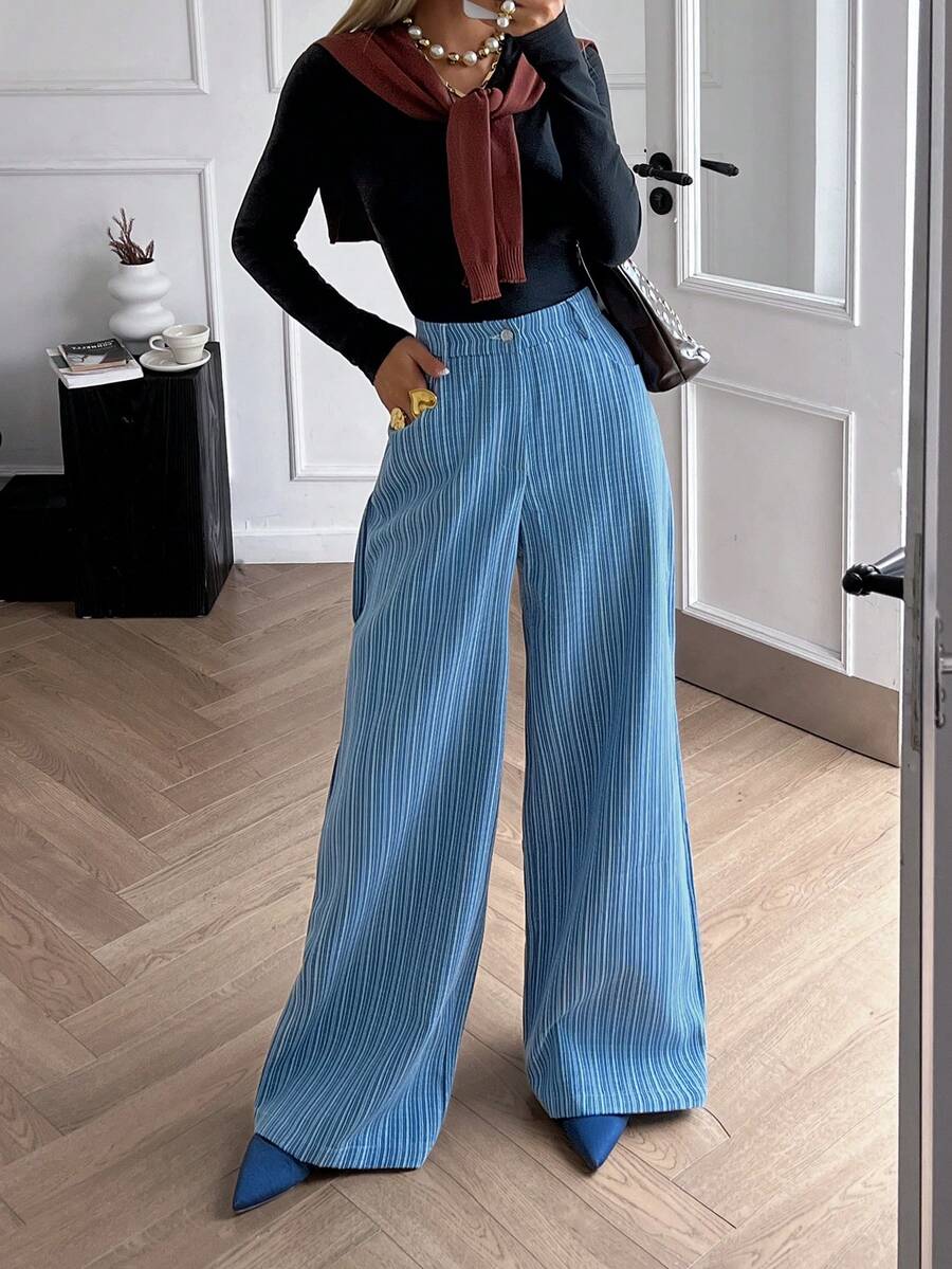 Siren Gaze 女士休闲/办公通勤条纹印花斜插口袋宽松阔腿裤 - 藍色 - 查看 1