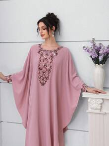 Al Najma Women's Loose Fit Beaded Collar Floral Long Robe Dress, Pink - Pink - View 3