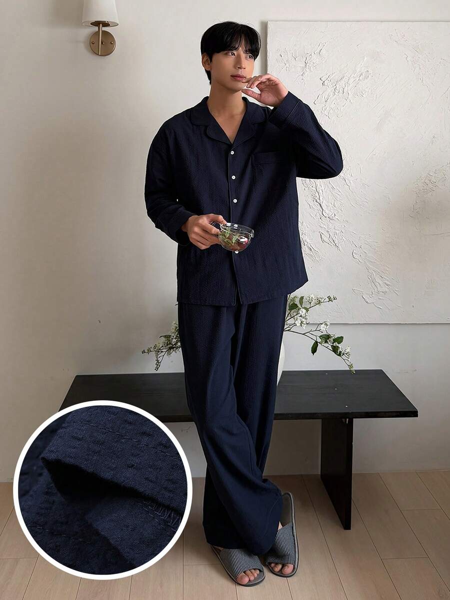 DAZY 藏蓝色衬衫搭配男士家居服套装，秋季 - 藏蓝色 - 查看 1