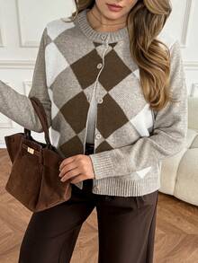 Vionelle Plus Size Women's New Argyle Crew Neck Long Sleeve Cardigan Sweater, Cozy Atmosphere, Short Casual Versatile Knit Cardigan For Autumn/Winter Button Up Sweater Fall Sweater Sweater For Women Button Up Cardigan Brown Sweater - Multicolor - View 1