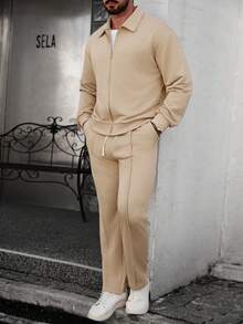 Manfinity CasualCool Bộ đồ thường ngày cho nam có áo khoác nam màu trơn có khóa kéo phía trước và quần có dây rút ở eo - Màu Khaki - Xem 6