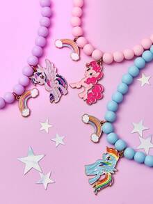 My Little Pony X SHEIN 2件或3件套时尚可爱甜美锌合金女士手链项链套装，手工串珠饰品，独角兽、暮光闪闪、萍琪派和云宝黛西图案，紫色、粉色和蓝色 - 彩色 - 查看 17