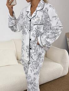 CottageSlumber بيجامة نسائية من قطعتين، طقم بيجامة طويلة الأكمام مطبوع بطبعة زهرية مجعدة، قماش حرير، ملابس شتوية