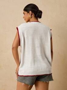 SHEIN VCAY Plus Size Tomato Print Contrast Trim Knit Vest - White - View 2