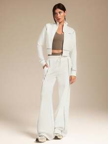 GLOWMODE 日常抓绒喇叭裤，柔软保暖，撞色缝线，侧边口袋，可调节抽绳腰带，修身微喇叭裤腿运动裤，秋冬户外日常休闲穿着 - 白色 - 查看 7