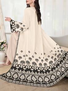 SHEIN Najma 女士黑色印花长袖休闲阿拉伯长袍，春秋季 - 彩色 - 查看 3