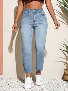 Breezaya 大码女式高腰带口袋锥形休闲百搭牛仔裤 - 藍色 - 查看 1