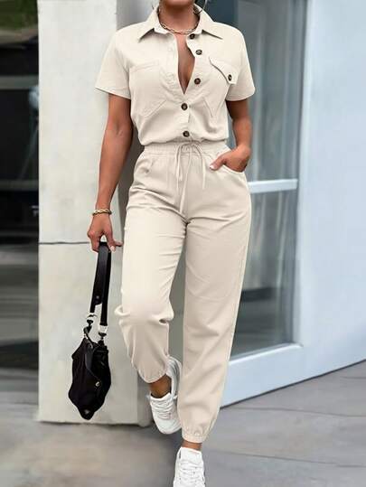 EMERY ROSE Mono elegante de primavera/verano con top holgado con bolsillo y decoración de botones, y cintura ceñida