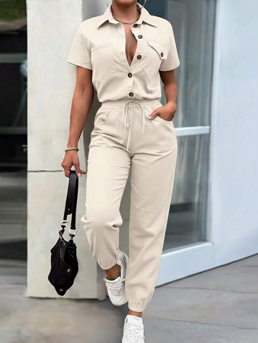 EMERY ROSE 女式纽扣装饰口袋宽松上衣搭配束腰连体裤，优雅，春夏