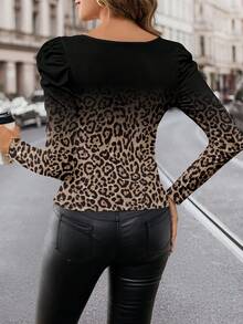 SHEIN Clasi Blusa de manga larga con cuello cuadrado y mangas abullonadas, estampado de leopardo, estilo minimalista casual, apta para primavera y otoño - Multicolor - Ver 2