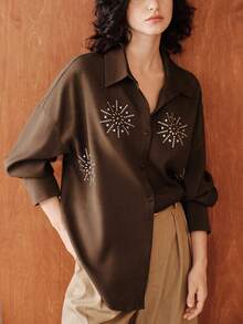 Zovinel Women's Minimalist Autumn Long-Sleeved Rhinestone Blouse - Coffee Brown - View 7