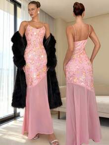 Rafferiza Damen Blumen Pailletten Meerjungfrau Saum Elegantes Kleid - Pink - Übersicht 1