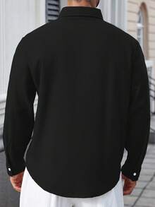Manfinity Homme Kemeja Lengan Panjang Kancing Depan Warna Polos Kasual Pria Ukuran Besar, Kemeja Lengan Panjang Hitam Musim Gugur untuk Pria - Hitam - View 2
