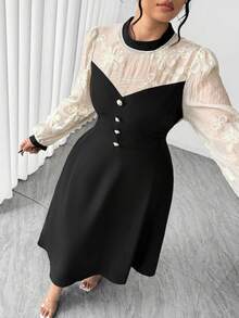 SHEIN Elenzya Plus Size Solid Color Patchwork Embroidery Decor Long Sleeve Decorative Button Elegant Evening Dress, Formal Women Dresses For Party, Autumn/Winter - Multicolor - View 3