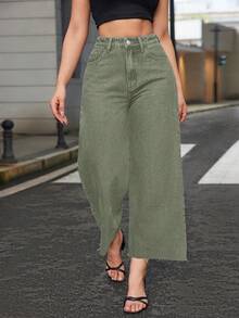SHEIN ICON Plus Size Women High Waist Wide Leg Personalized Fashion Cropped Jeans - Army Green - View 6