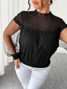 SHEIN Elenzya Kemeja Komuter Ukuran Plus dengan Patchwork Jala - Hitam - View 6