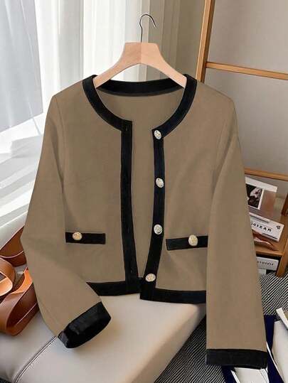 SHEIN Franclia 女士撞色长袖金属单排扣优雅时尚夹克