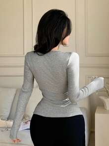 DAZY Women's Contrast Lace Front Tie Long Sleeve Single-Breasted Casual T-Shirt - Grey - View 6