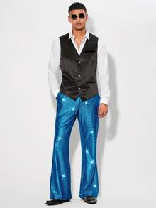 Manfinity BRENVOR 针织休闲时尚宽松长裤，带口袋，箔印图案 - 寶藍色 - 查看 4