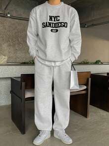 DAZY Men's Thickened Letter Embroidered Crew Neck Pullover Sweatshirt Set, Autumn/Winter - Grey - View 1