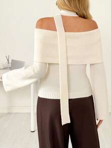 Ritzy Row Women's Winter Christmas Outfits, Christmas And New Year's Clothing, New Year's Eve White Clothing, Women's New Year's White Tops, Women's Off-Shoulder Large Lapel Ribbed Knit With Scarf, Fashionable Women's Sweaters, Elegant Women's Sweaters, Simple Women's Sweaters, Casual Women's Sweaters, Holiday Parties, Spring Women's Clothing, Autumn And Winter Women's Clothing, Winter Women's Clothing, Bell Sleeves, Long Sleeves, Slim Fit, White And Beige Women's Pullover Sweaters - Beige - View 3