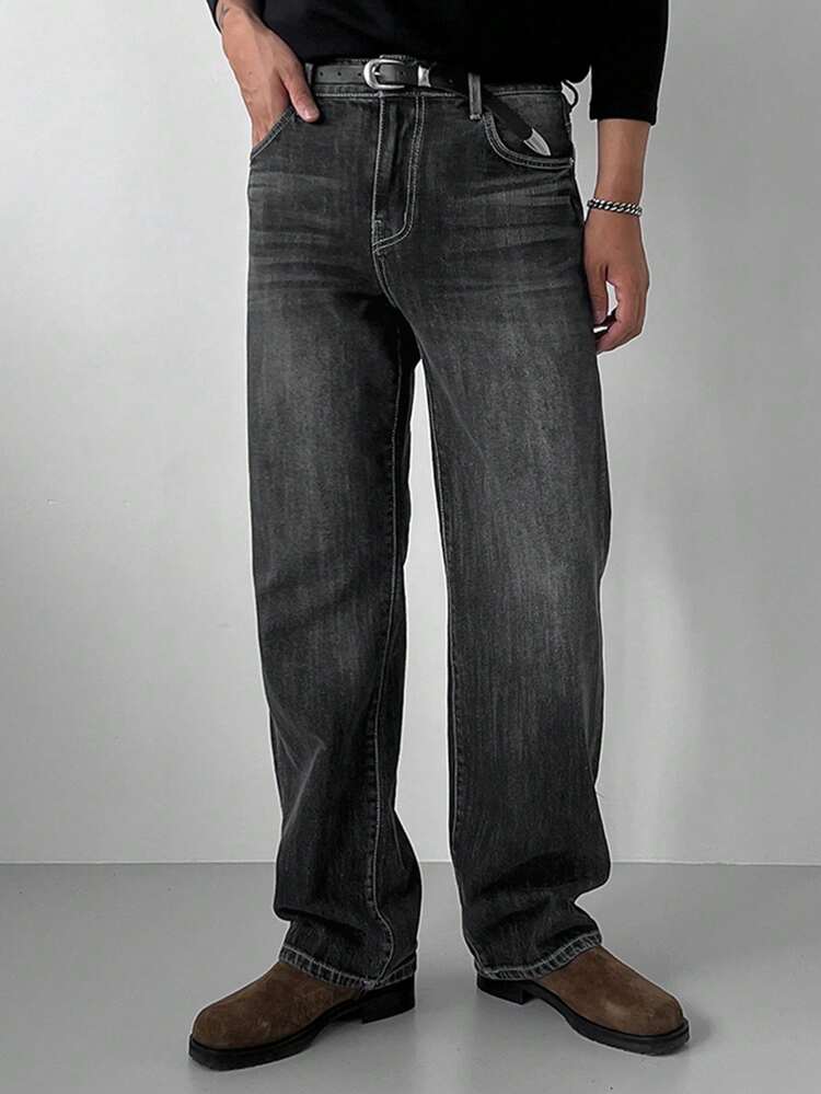 Men's Solid Color Washed Distressed Black Jeans, Autumn