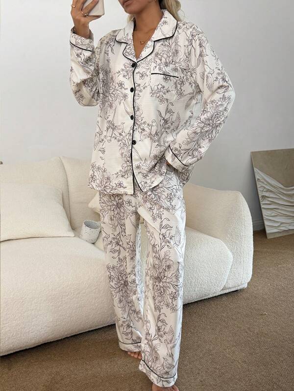 Dream Adore Damen Bubble Falten Vogel- und Blume Muster Langarm Pyjama Set