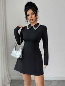 Selianne 新款优雅休闲百搭商务连衣裙，黑白撞色设计，A字黑色连衣裙，尽显女性柔美时尚，小领珍珠装饰，收腰剪裁，长袖，节日庆典装扮，适合度假、独立日、劳动节、哥伦布日、感恩节、情人节等场合。 - 黑色 - 查看 5