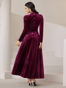 Modelyn Burgundy Red Women's Solid Color Keyhole Neck Puff Sleeve Elegant Dress Long Evening Dresses - Hot Pink - View 2