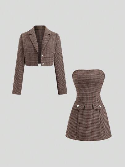 Sweetra 优雅法式初秋纹理面料时尚女继承人派对休闲高端西装外套搭配复古风抹胸连衣裙两件套