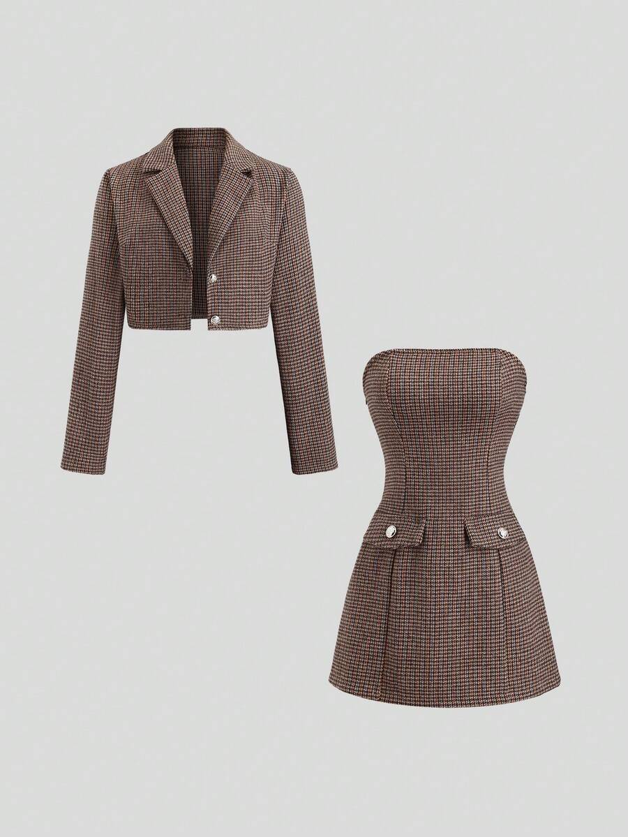 Sweetra 优雅法式初秋纹理面料时尚女继承人派对休闲高端西装外套搭配复古风抹胸连衣裙两件套 - 棕色 - 查看 1