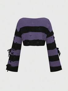 ROMWE 侧边系带万圣节橙黑条纹短款针织上衣 - 彩色 - 查看 2