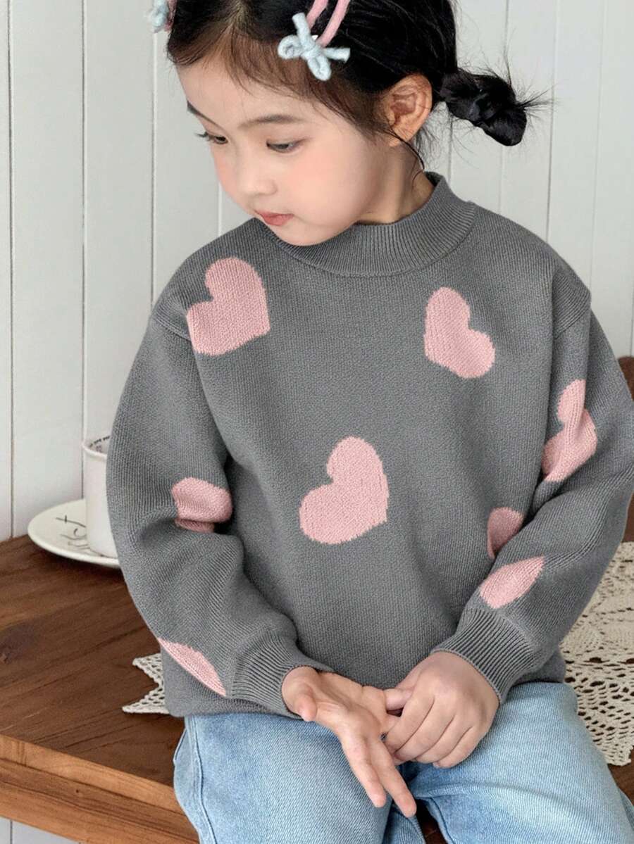 SHEIN 女童休闲心形图案套头毛衣 - 灰色 - 查看 1