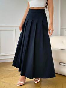 SHEIN PETITE 女士纯色百褶长款优雅通勤裙 - 藏蓝色 - 查看 3