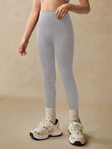 SHEIN Seamluxe Sport 高腰罗纹无缝修身女童紧身裤 - 云朵般柔软，第二层肌肤般柔软，速干透气，四向弹力紧身裤，适合跑步、骑行、瑜伽、泡菜球运动、休闲，黑色 - 淺灰色 - 查看 4