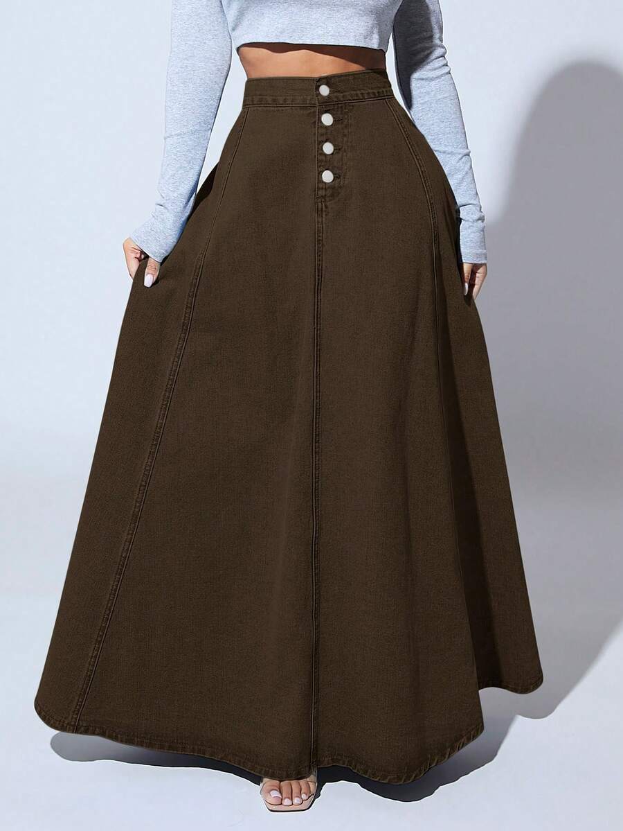 SHEIN SXY Chân váy Maxi denim dài màu trơn cạp cao - Màu Khaki - Xem 1