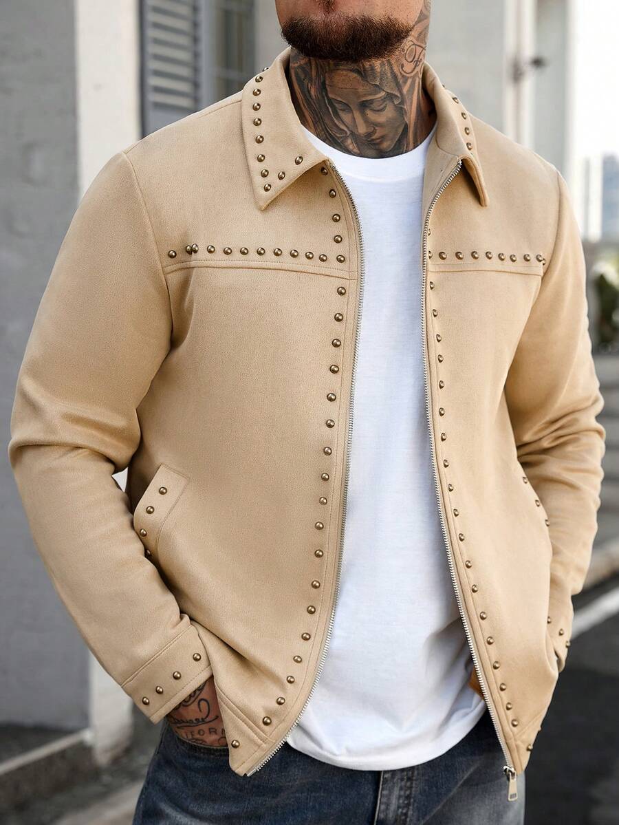 Manfinity CasualCool Áo khoác ngoài nam dáng rộng, khóa kéo phía trước, đính đinh tán, thích hợp cho mùa thu. - Màu Khaki - Xem 1