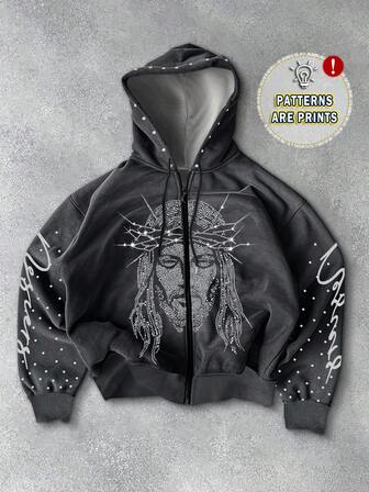 Manfinity Roghcode Men's Rhinestone Embellished Figure Print Zip Front Drawstring Hoodie Sweatshirt, Men Graphic Hoodie Zip Up, Punk Hoodie, Fall, Long Sleeve Top