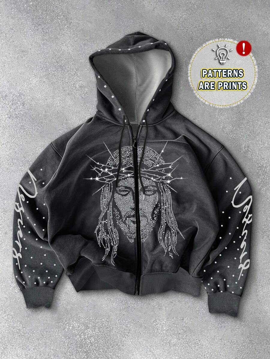 Manfinity Roghcode 男士水钻装饰印花拉链抽绳连帽卫衣，男士图案拉链连帽衫，朋克风连帽衫，秋季款，长袖上衣