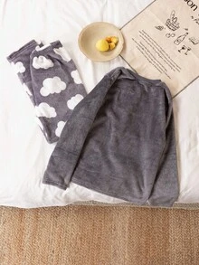 4件套少女简约可爱云朵爱心睫毛印花长袖睡衣套装，舒适家居服 - 彩色 - 查看 2