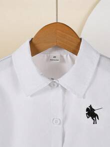 Souflis Souflis 1pc Girls' Turndown Collar Long Sleeve Button-Up Striped Shirt With Embroidered Front Graphic, Casual Top For Autumn