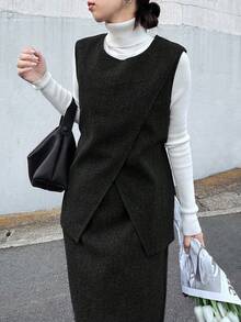 FRIFUL 女士羊毛背心和纯色收腰A字裙两件套 - 黑色 - 查看 5