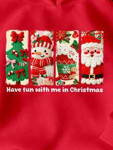 SHEIN EZwear 休闲复古圣诞系列，红色，人造毛皮圣诞老人、圣诞树、雪人、姜饼人饮料杯印花，宽松加厚卫衣，适合女士新年派对 - 紅色 - 查看 5