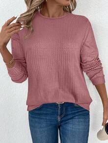 EMERY ROSE Áo thun nữ tay dài cổ tròn màu trơn, chất liệu vải dệt họa tiết, thoải mái, thích hợp cho mùa thu/đông, tiệc năm mới, áo màu trơn, phong cách thường ngày. - Bụi hồng - Xem 4