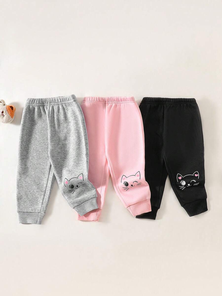 SHEIN Playful Pals 3件套女婴可爱猫咪印花舒适针织裤，秋冬季 - 彩色 - 查看 1