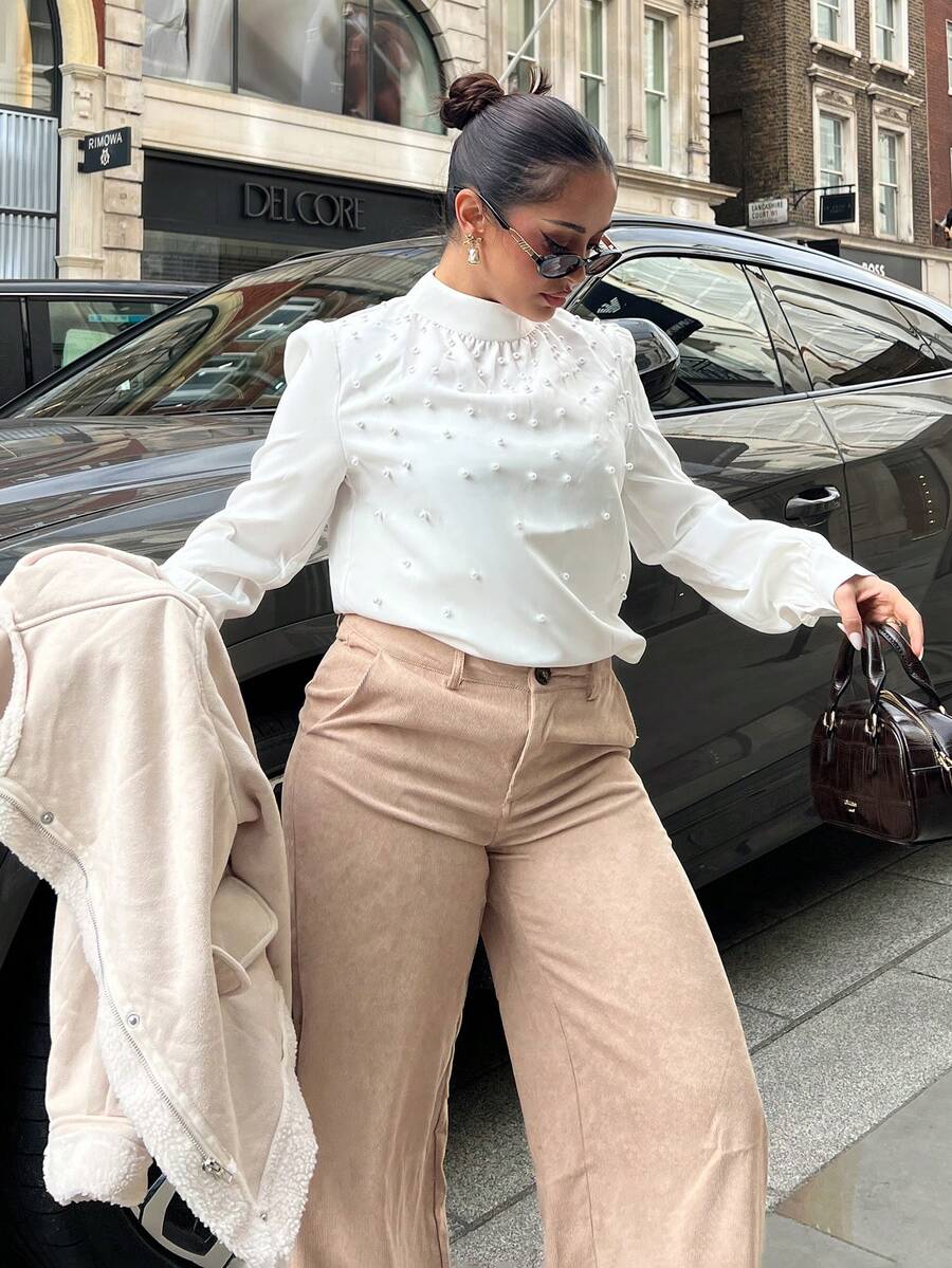 NegzBox 女士优雅浪漫珍珠装饰褶皱长袖白色衬衫，正式办公室/通勤，长袖上衣 - 白色 - 查看 1